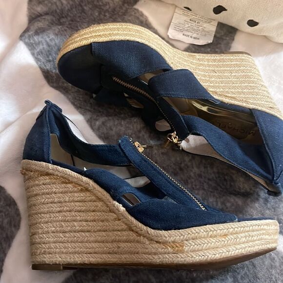 Michael kors mk denim damita wedge zip up sandal heel/ sz 10 - Picture 4 of 6